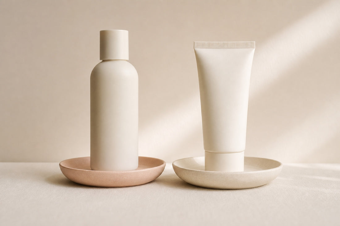Two minimal skincare vessels side by side on blush and white ceramic dishes