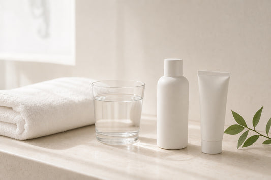 Minimal skincare and a glass of water in soft morning light