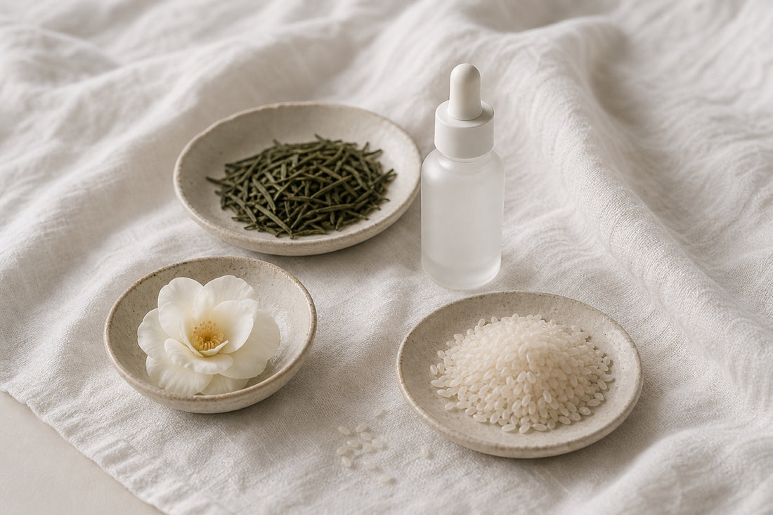 Japanese skincare ingredients: green tea leaves, rice, camellia flower and a glass dropper
