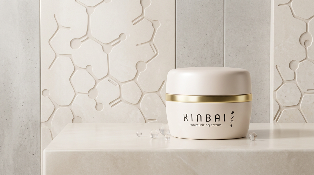 Kinbai collagen peptide moisturizer in a clean editorial studio setup for an article about collagen peptide cream benefits.