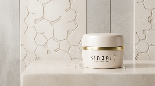 Kinbai collagen peptide moisturizer in a clean editorial studio setup for an article about collagen peptide cream benefits.
