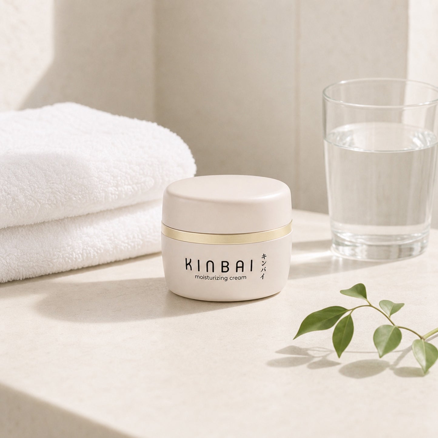 Kinbai Moisturizing Cream on a bathroom counter with towel and glass of water